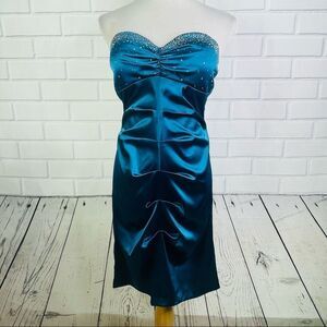 Jump Apparel by Wendye Chaitin Teal Satin Rhinestone Strapless Dress - 11/12
